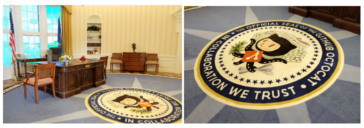 Ковер с изображением маскота компании GitHub в ее офисе  